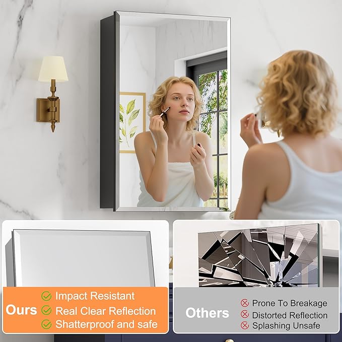 20x28 Inch Medicine Cabinet with Mirror, Aluminum Bathroom Mirror Cabinet, Beveled Edge Mirrored Single Door, Adjustable Shelves, Surface or Recessed Mount Mirrors with Storage,Black