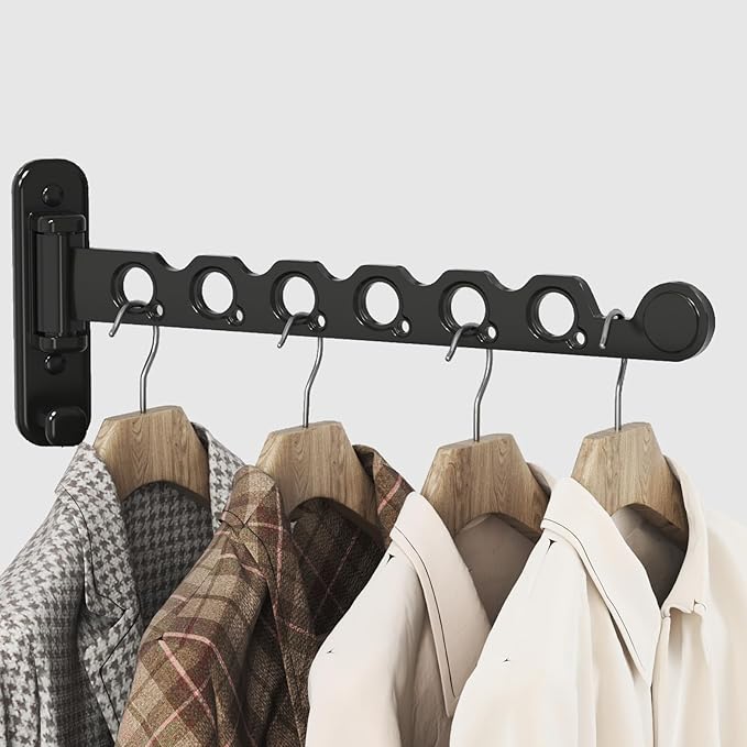Wall Mounted Clothes Hanger Rack Foldable Drying Rack Hook Folding Indoor for Laundry Room Organization Bedroom Collapsible Racks Perfect for Small Spaces, 6 Hole Black 1 Packs