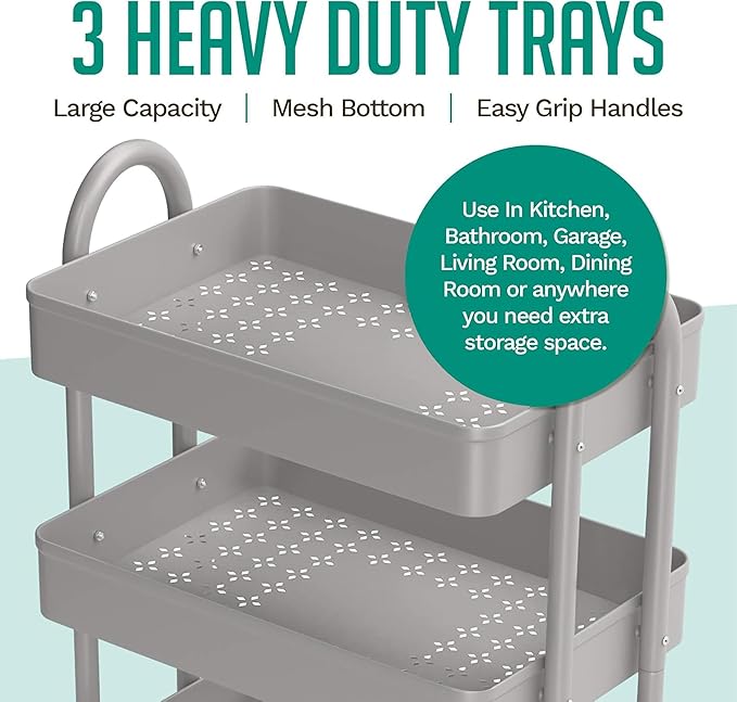 KoolerThings 3-Tier Rolling Metal Storage Organizer - Mobile Utility Rolling Storage Cart, Kitchen Cart with Caster Wheels (Grey)