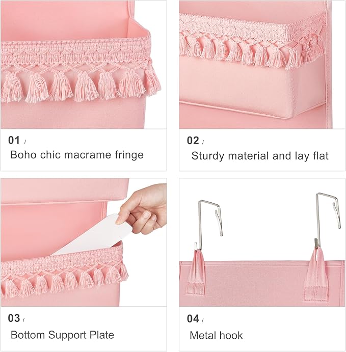 Dahey Over The Door Organizer Boho Nursery Storage Decor Closet Hanging Organizer with Tassels Decoration for Bedroom Nursery Bathroom Apartments Dorm Pantry, 4 Pockets, Pink