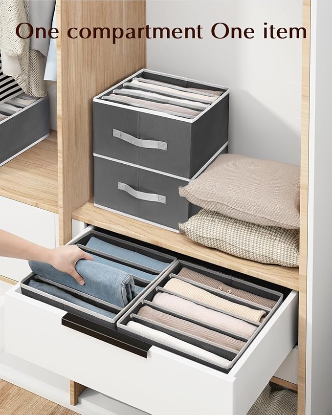 Clothes Organizers and Storage - Fabric Jeans Organizer with Handles, Foldable Drawer Dividers for Clothes, Closet Shelf Organizer for Shirts, Bra, Sweater, Scarf, 4 Pack, Dark Grey