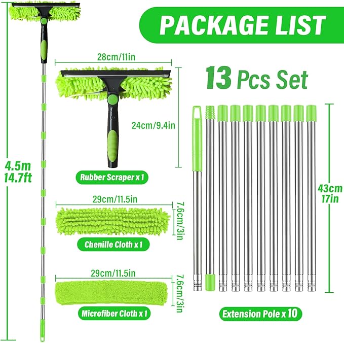 4.5M/14.7ft Window Cleaning Squeegee Tools, 3-in-1 Window Washing Kit with 10 Extension Pole, 2 Microfiber Cloth Brush & Squeegee, Telescopic Window Cleaner Tool for High Window, Car Glass