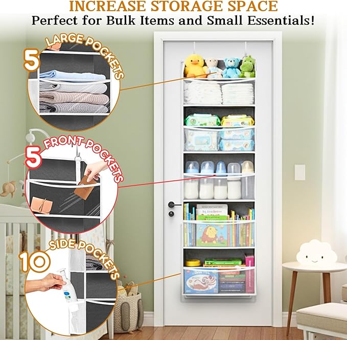 Ofiray-home Over Door Organizer with 5 Large Pockets, 5 Transparent Front Pockets & 10 Mesh Side Pockets, 50 lbs Weight Capacity Hanging Storage for Toys, Shoes, Diapers, Pantry – Grey