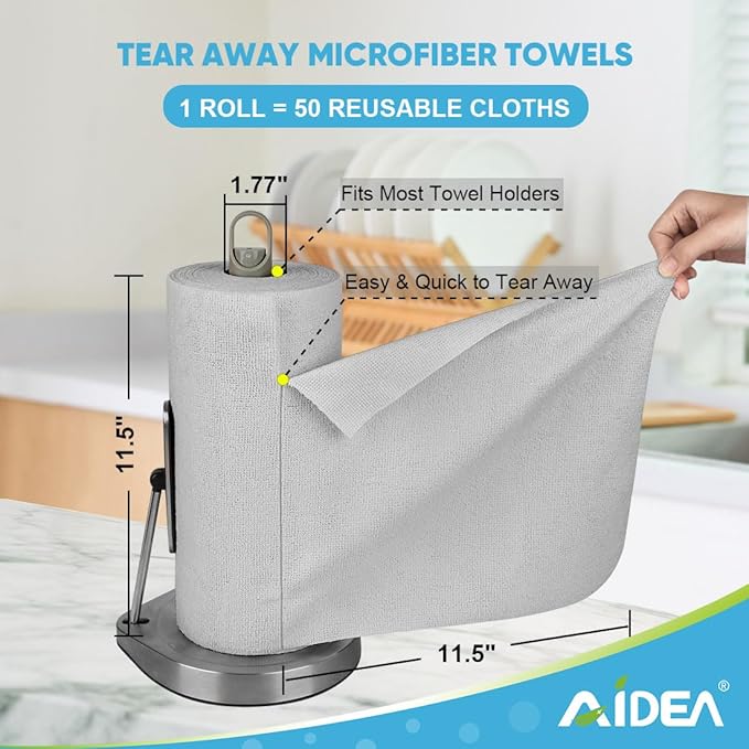 AIDEA Microfiber Cleaning Cloth Roll, 50PK, Paper Towels Reusable Grey Tear Away Towels, Washable Shop Rags, Microfiber Towels for Cars, Lint Free Rags for House, Kitchen, Window,11.5"×11.5"