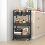 JIUYOTREE 3-Tier Plastic Rolling Storage Cart Utility Cart with Extra Hanging Cups Handles Lockable Wheels for Living Room Bathroom Kitchen Office Black
