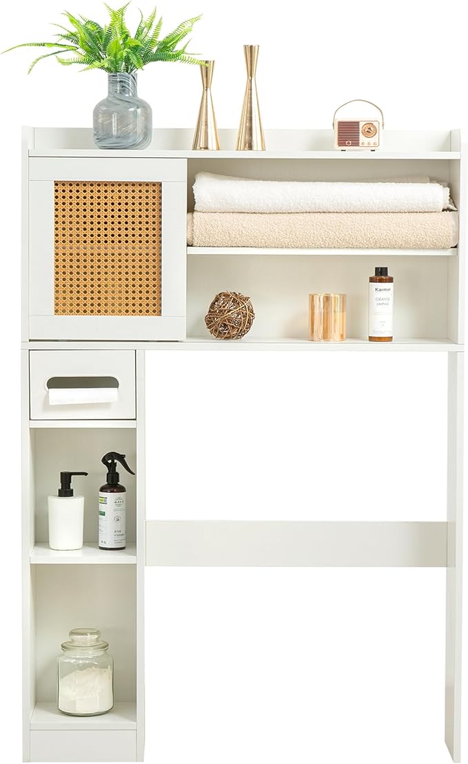 6Tier Over The Toilet Storage Cabinet, Freestanding Above Toilet Space Saver Rack w/Adjustable Shelves, Sliding Door, Multifunctional Over Toilet Organizer for Bathroom (White)