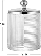 Clear Transparent Apothecary Ribbed Geometric Etched Glass Jar W/Silver/Chrome Metal Lid Cover for Bathroom Organization, Cotton Balls, Q Tips, and Small Accessories, Bathroom Storage