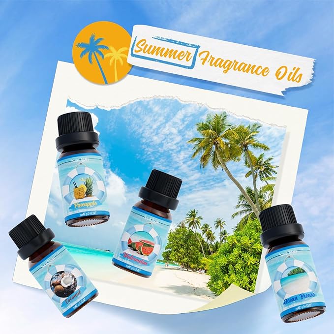 Summer Essential Oils Set, Fragrance Oil Gift Set for Oil Diffusers, Scented Oils for Soap Candle Making 6x10ml - Sea Breeze, Pineapple, Watermelon, Coconut, Pink Beach, and Pina Colada
