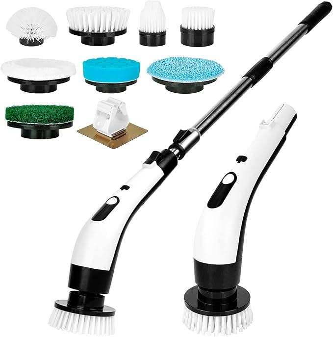 8 - in - 1 Electric Spin Scrubber, Cordless Cleaning & Shower Scrubber with Adjustable Handle, IPX7 Waterproof for Bathroom, Tile, Car, Kitchen, Floor, Tub | 8 Brush Heads, Powerful Horsepower