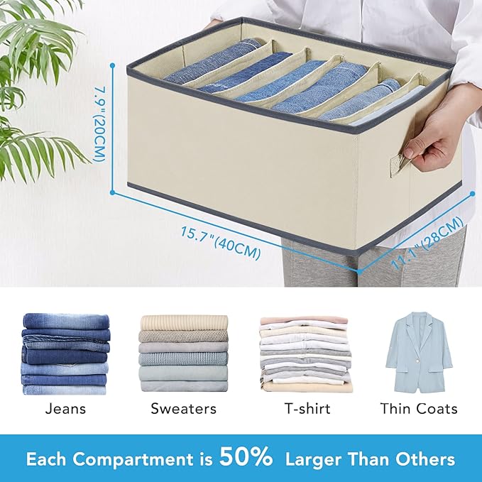 3 Pcs Large Size Wardrobe Clothes Organizers 6 Grids for Pants, Jeans, Sweater, T-shirt, Thin Coat, Dress Stackable Closet Drawer Organizer Storage Bin Container with Sturdy Handles, Beige