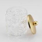 Clear Transparent Apothecary Floral Embossed Glass Jar With Gold Metal Lid Cover for Bathroom Organization, Cotton Balls, Q Tips, and Small Accessories, Bathroom Storage