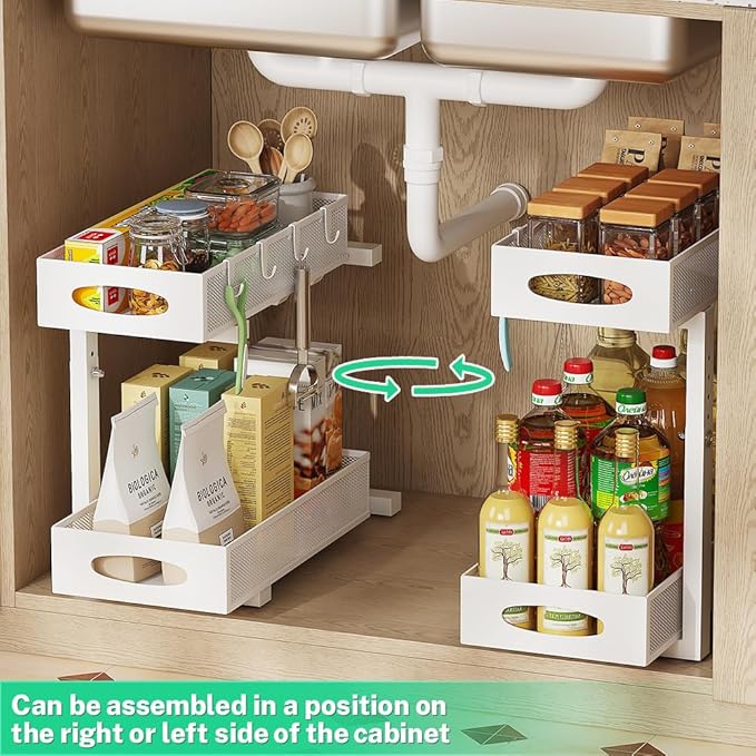 Under Sink Organizer, 2-Tier Pull Out Cabinet Organizer with Adjustable Height, Use in Kitchen Bathroom Cabinet and Countertop Storage, White