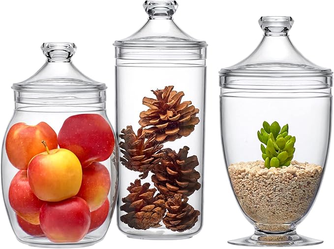 Amazing Abby - Adore - Plastic Apothecary Jars (3-Piece Set, 52/46/46 oz) (NOT Glass), Acrylic Jars with Lids, Bathroom Canisters, Candy Buffet, Wedding Display, BPA-Free and Shatter-Proof