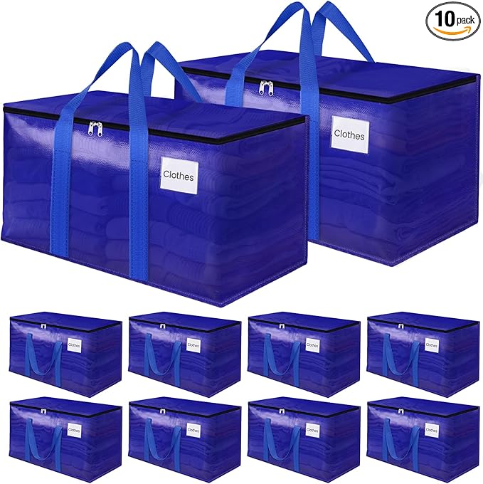 FabSpace 10Pack Moving Storage Bags, Moving Supplies Packing Boxes for Moving, Camping, College Dorm Room Essentials for Girls, Blue Tote Bags, 125L Heavy-Duty Storage Bins With Lids And Zippers