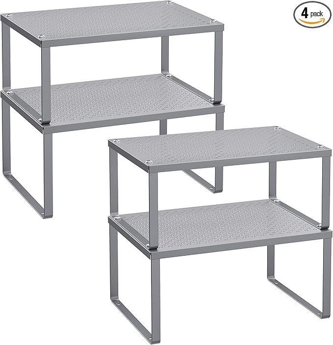 SONGMICS Spice Racks, Set of 4 Metal Cabinet Shelf Organizers, Countertop Organizers, Shelf Risers, Stackable, Expandable, Silver UKCS006S01