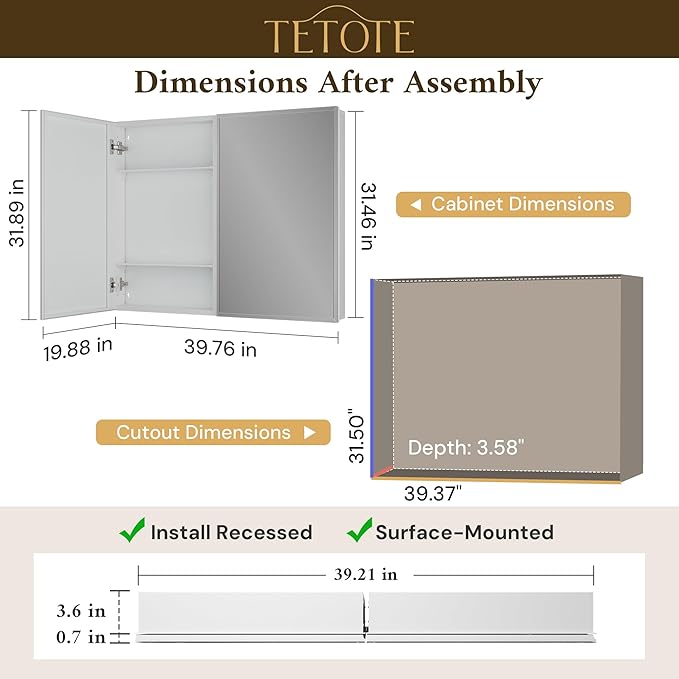 TETOTE 40 x 32 Medicine Cabinet with Tempered Beveled Mirror White Bathroom Mirror with Storage Aluminum Cabinet DTC Hinges, Stepless Adjustable Shelves, Recessed/Surface-Mounted