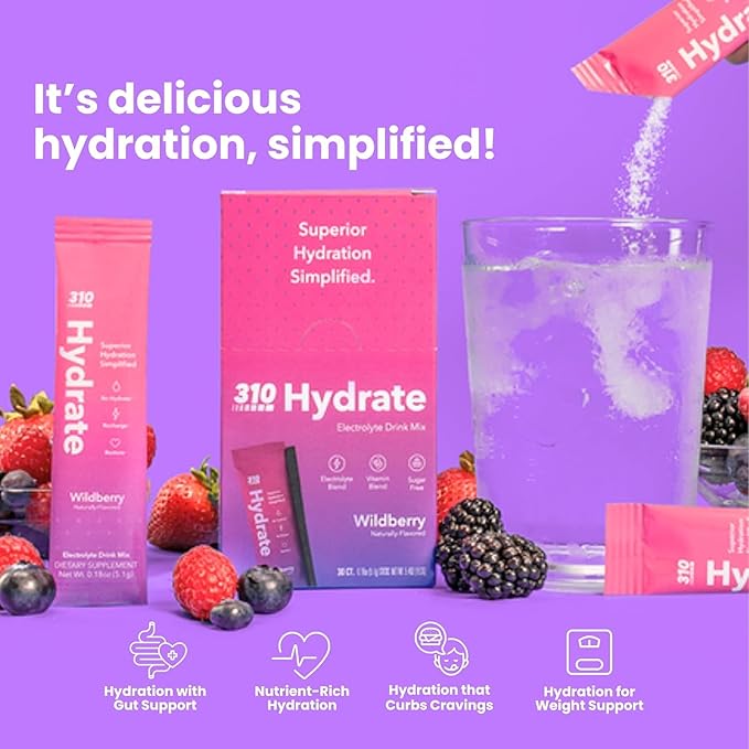 310 Nutrition Sugar Free Electrolytes Powder - Instant Hydration Packets for Daily Fluid Balance - Caffeine-Free Rehydration Drink Mix w/ Vitamins, Low Calorie & Keto Friendly - Wildberry 30 Singles