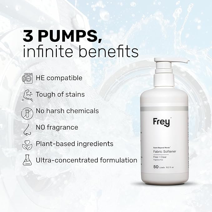 FREY Natural Liquid Fabric Softener & Conditioner | Laundry Softener for Clothing | Works In All Machines + HE | Powered by Natural Ingredients (2-pack, Fragrance-free)