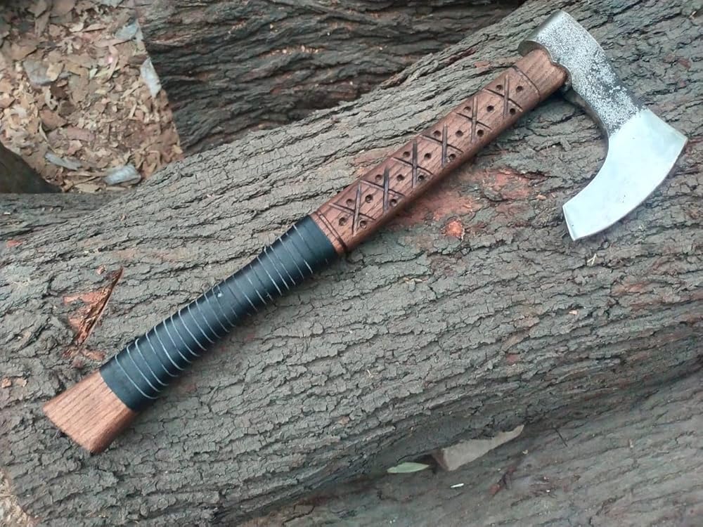 Kacha Store | custom handmade Viking medieval Axe with Viking gift,Hand Axe,Viking Gifts for Men,Camping Tomahawk,Bearded,Valhalla Axe with Leather Sheath (Battle axe) (Ragnar Ax)