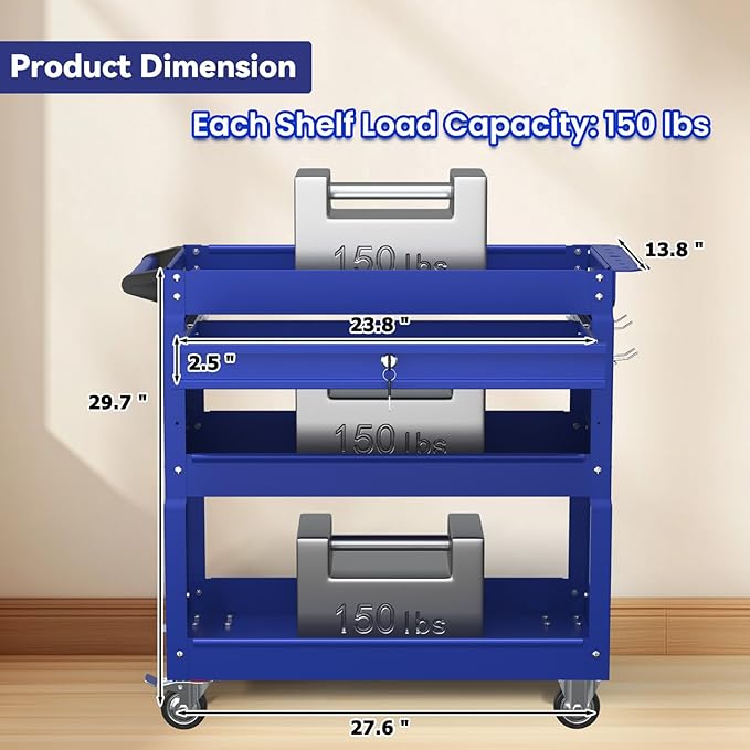 3 Tier Rolling Tool Cart with Drawer, 450 LBS Heavy Duty Utility Cart on Wheels, Service Cart for Garage, Workshop and Warehouse (Blue)