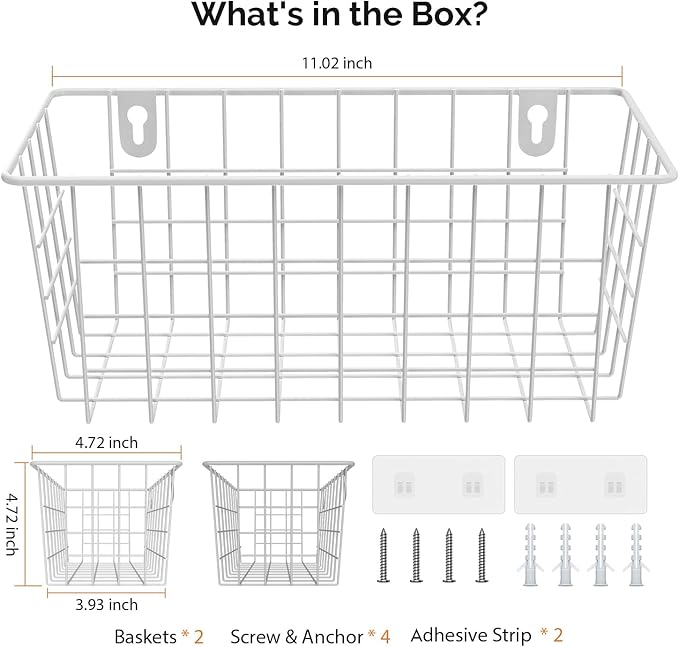 MaraFansie Hanging Wire Baskets Kitchen Storage Basket Adhesive and Screws Basket Over the Cabinet Door Organizer with Adhesive Strips and Screws Accessories, 2 Installations, 2 Pack, White
