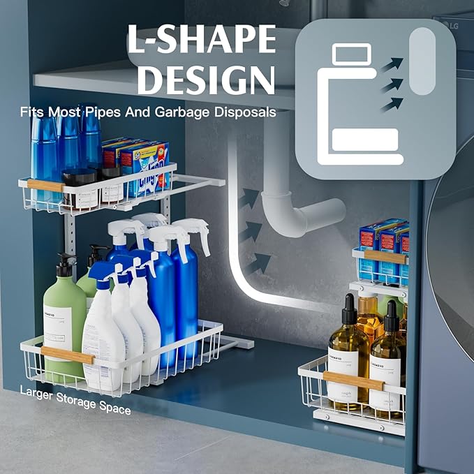 2 Pack Under Sink Organizers and Storage, Height Adjustable Cabinet Organizer Pull Out Drawer, 2 Tier Metal Under Kitchen Bathroom Sink Organizer, White, VF-JT01-WH