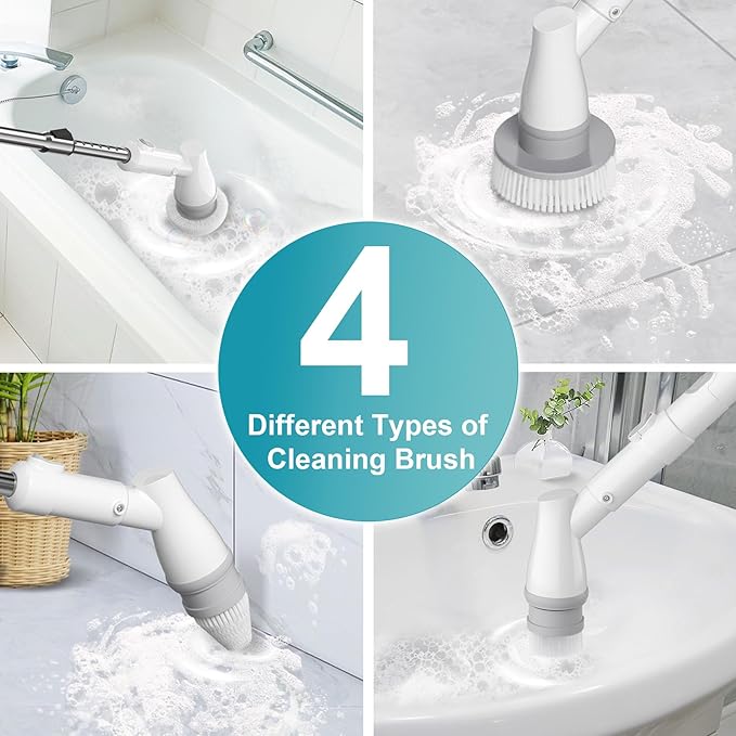 Ultrean Spin Brush, Cordless Electric Spin Scrubber with 4 Replaceable Brush Heads Adjustable Extension Handle, 2 Speed Shower Scrubber for Cleaning Bathroom, Tile, Floor, Tub
