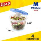 Glad GladWare to Go Lunch Food Storage Containers with Lids, Medium Round No BPA Plastic with Built-in Dressing Cup for Salads and Lunches, Microwave Dishwasher Safe, 32 Oz, 4 Count