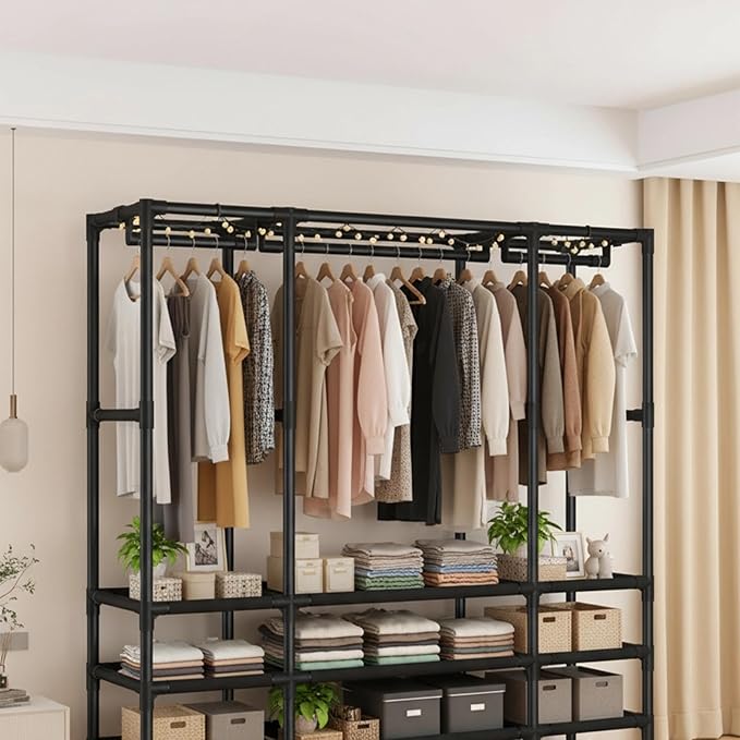 Portable Closet,Portable Closets for Hanging Clothes,Japanese Style Wardrobe with 2 Hanging Rods,6 Storage Shelves,43.3" L x 17.7" W x 65.1" H,Black