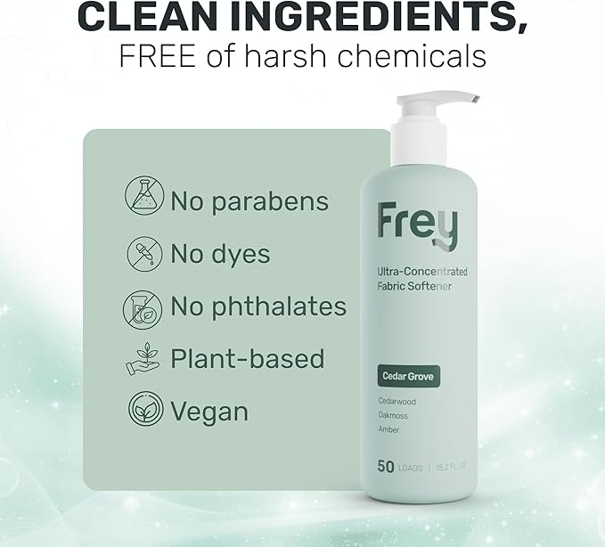 FREY Natural Liquid Fabric Softener & Conditioner | Laundry Softener for Clothing | Works In All Machines + HE | Powered by Natural Ingredients (2-pack, Cedar Grove)