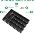 Small Silverware Organizer Utensil Tray 13"x9" Kitchen Drawer Organizers and Storage Wooden Utensil Holder Drawers Divider Narrow Black Cutlery Tray for Spoon Forks Bamboo Flatware Cutlery Organizer