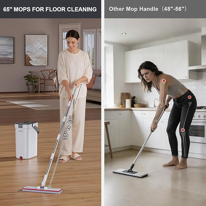 Mop and Bucket Set, Flat Mop and Bucket System with Separate Dirty and Clean Water, 3-Compartment Wall Cleaner Mop, Flat Mops for Floor Cleaning with 4 Microfiber Pads