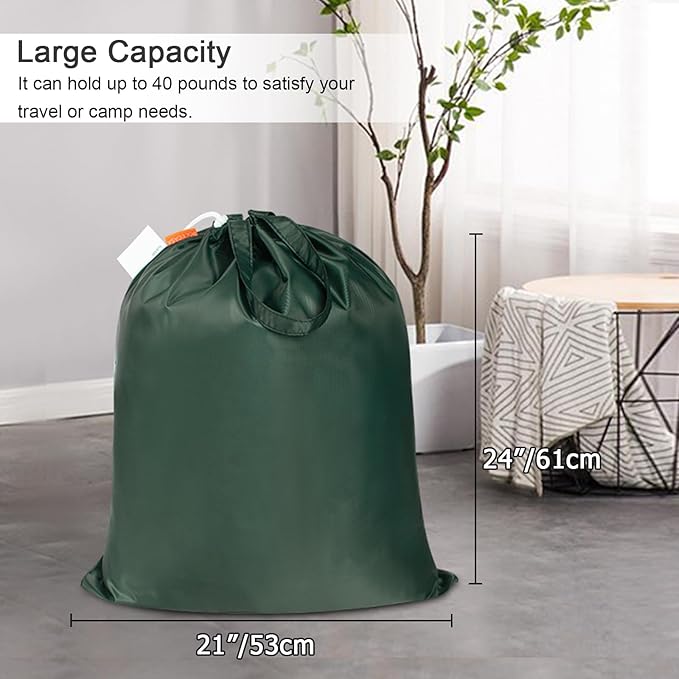 Polecasa Small Heavy Duty Laundry Bag with 130gsm Tear Resistant Fabric and Handles, Easy to Carry Durable Dirty Clothes Drawstring Bag, Perfect for College Dorm, Travel 2 Pack 21”x24”, Green