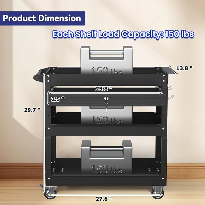 3 Tier Rolling Tool Cart with Drawer, 450 LBS Heavy Duty Utility Cart on Wheels, Service Cart for Garage, Workshop and Warehouse (Black)