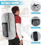 Laundry Bag Backpack, Extra Large Travel Laundry Bag with Mesh Pocket & Adjustable Shoulder Straps,Dirty Clothes Travel Bag for College Students Dorm,Apartment(Light Gray)