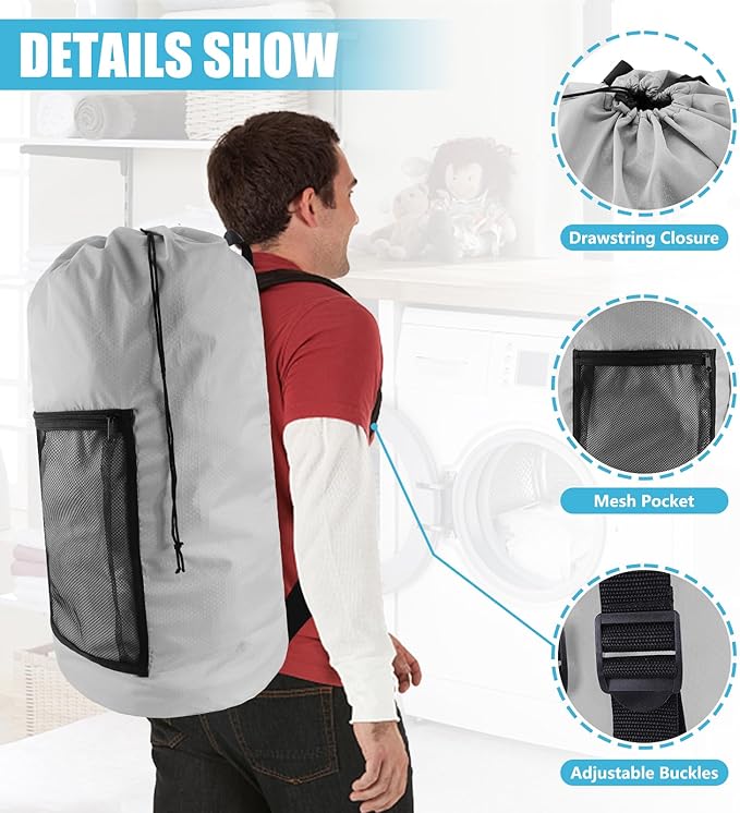Laundry Bag Backpack, 2PCS Extra Large Travel Laundry Bag with Mesh Pocket & Adjustable Shoulder Straps,Dirty Clothes Travel Bag for College Students Dorm,Apartment(Light Gray)