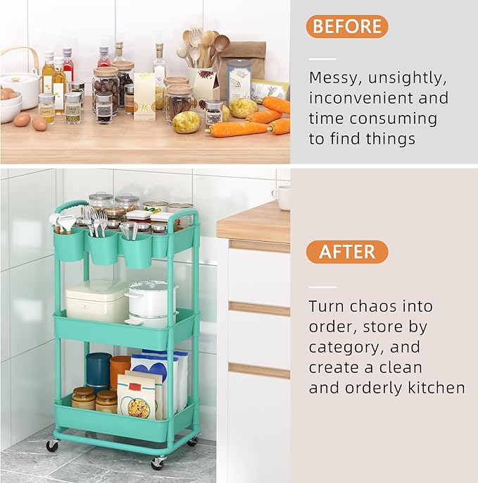 JIUYOTREE 3-Tier Plastic Rolling Storage Cart Utility Cart with Extra Hanging Cups Handles Lockable Wheels for Living Room Bathroom Kitchen Office Green