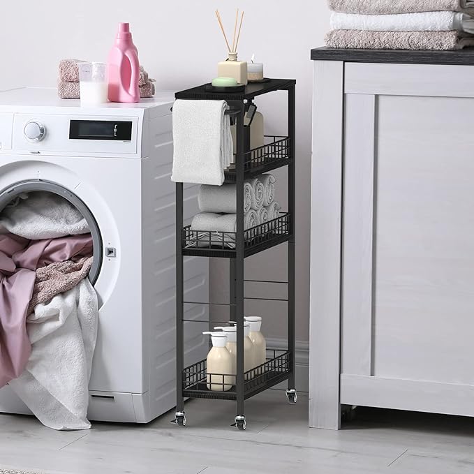 Slim Storage Cart 4 Tier Rolling Kitchen Cart Utility Serving Cart Laundry Room Narrow Cart with Handle Mobile Sheving Unit Organizer Wood Rolling Storage Cart for Bathroom Small Spaces, Modern Black