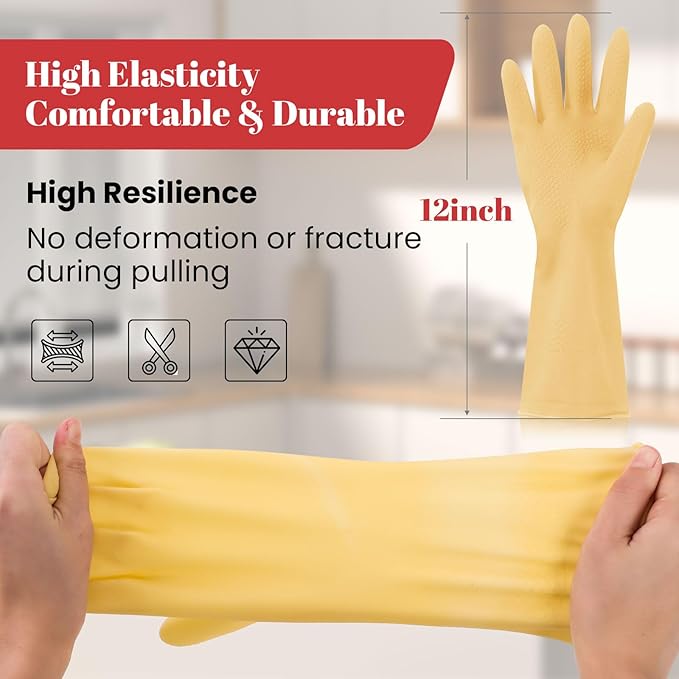 Rubber Cleaning Gloves for Dishwashing - 4 Pairs Kitchen Gloves for Washing Dishes, Reusable Household Gloves for Bathroom, Gardening (Small, Beige)