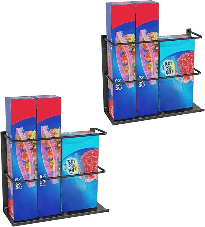 2 Pack Kitchen Wrap Organizer Door Mount, Aluminum Foil Holder Cabinet Door Organizer Cabinet Storage Basket for Kitchen Wrap/Food Bag Storage, Black