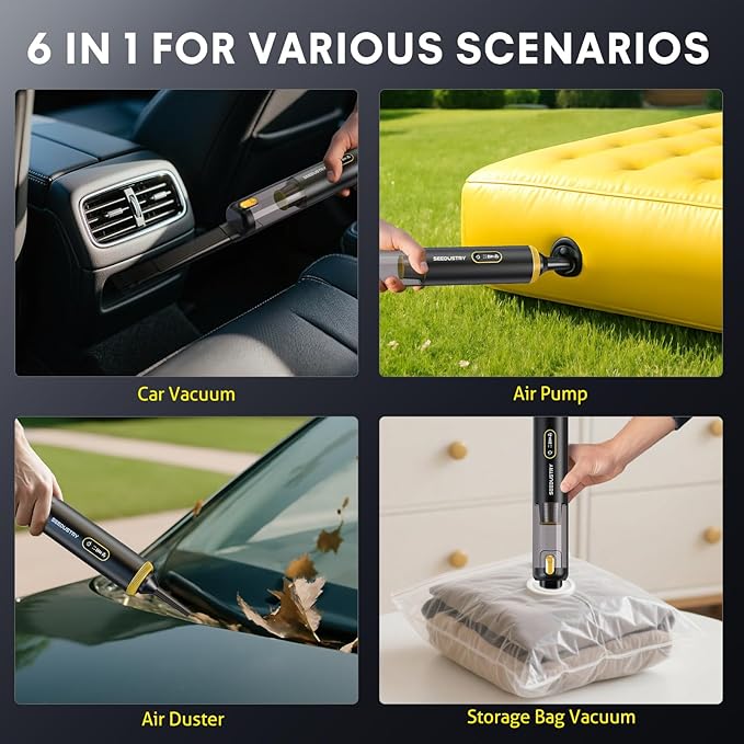 SEEDUSTRY Handheld Car Vacuum Cleaner Cordless, 6-in-1 Portable Mini Cordless Vacuum with Brushless Motor & 18000Pa Powerful Suction, Type-C Charge, 2025 Mini Vacuum V-C08 Pro for Car Home Office Pet