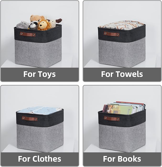 HNZIGE Decorative Storage Basket(4 Pack) Linen Cube Storage Baskets for Organizing Toys,Books,Towels,Blankets,12x12 Baskets for Storage Clothes with Handles(Black&Grey)