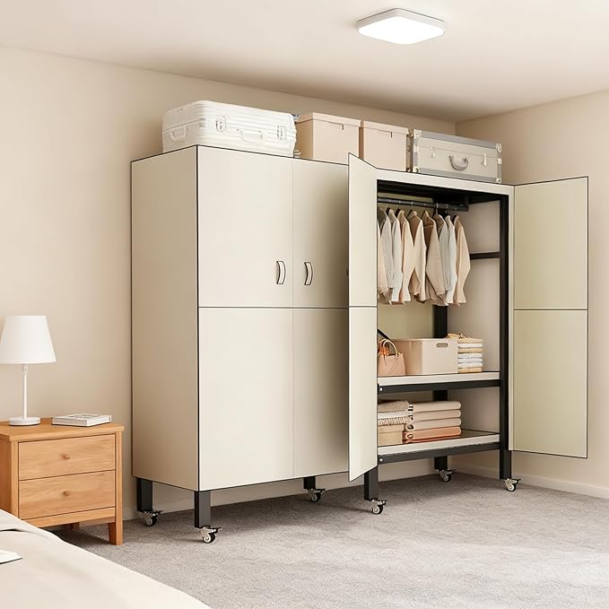 Foldable Portable Armoire Wardrobe Closet for Hanging Clothes Rack, Heavy Duty Covered Clothes Rack with Cover(HARDBOARD Magnetic), Closet Garment Rack for Bedroom Storage (KT Off-white, 59.05in)
