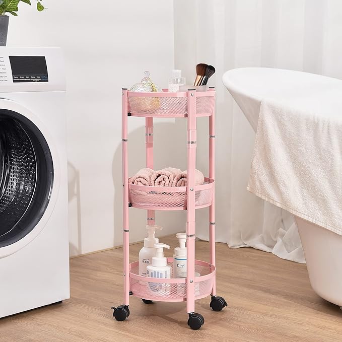 TOOLF 3-Tier Foldable Metal Storage Rolling Cart, Collapsible Utility Cart, No Assemble, Multifunction Organizer Trolley with Lockable Wheels for Kitchen, Living Room, Bathroom, Pink