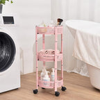 TOOLF 3-Tier Foldable Metal Storage Rolling Cart, Collapsible Utility Cart, No Assemble, Multifunction Organizer Trolley with Lockable Wheels for Kitchen, Living Room, Bathroom, Pink