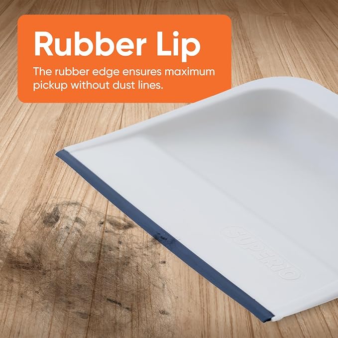 Superio Clip-On Dustpan with Rubber Lip - 10-inch Wide Durable Plastic Dust Pan with Comfort Grip Handle, White, 1-Pack
