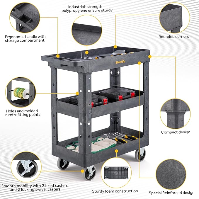 ELAFROS 3 Shelf Heavy Duty Plastic Utility Cart 34 x 17 x 38.5 Inch - Work Cart with 2 Fixed 2 Swivel Wheels and Safely Holds up to 550 lbs - 3 Tier Service Cart Deep Shelves Tool cart, Gray