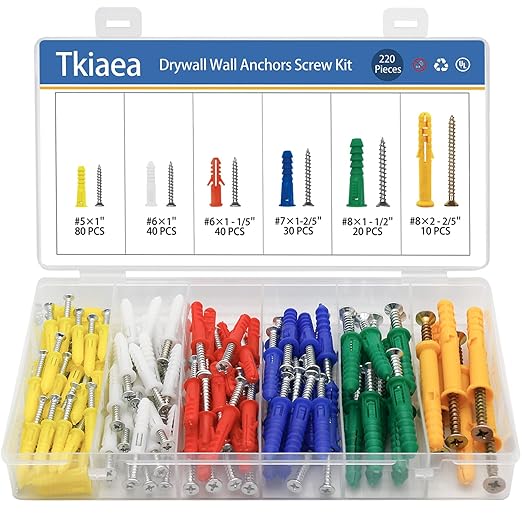 Drywall Anchors and Screws Kit 220Pcs, 110 Plastic Anchors, 110 Wall Screws, Includes 6 Different Size Wall Anchors and Screws for Drywall
