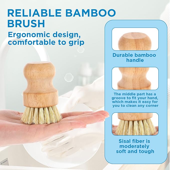 12 Packs Bamboo Dish Scrub Brushes Wooden Scrubbers Set Kitchen Dishwashing Scrubber with Natural Sisal Bristles for Iron Pot Pan Sink