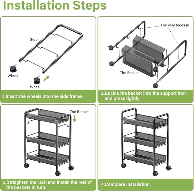 JANE EYRE 3-Tier Rolling Utility Storage Rack Cart on Wheels, Trolley Craft cart, Multi-Purpose Organizer Shelf, Black